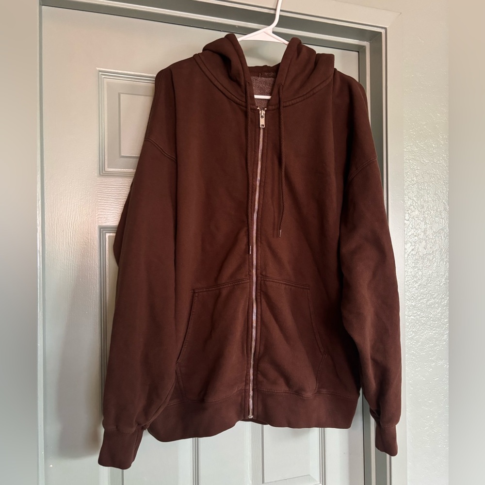 Brandy Melville John Galt Oversized Christy Zip Up Hoodie Size L Brown
